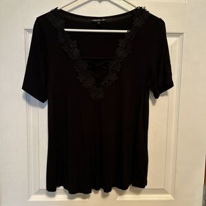 Topshop Black Floral Trim Short Sleeve Top